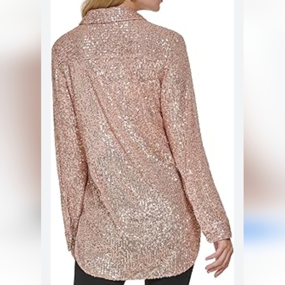 1. NWOT Calvin Klein Sequin Button Front Longsleeve Blouse Champagne Gold - Picture 2 of 4